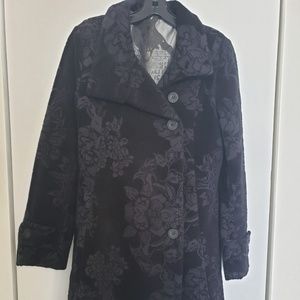 Women black suede winter coat with floral print